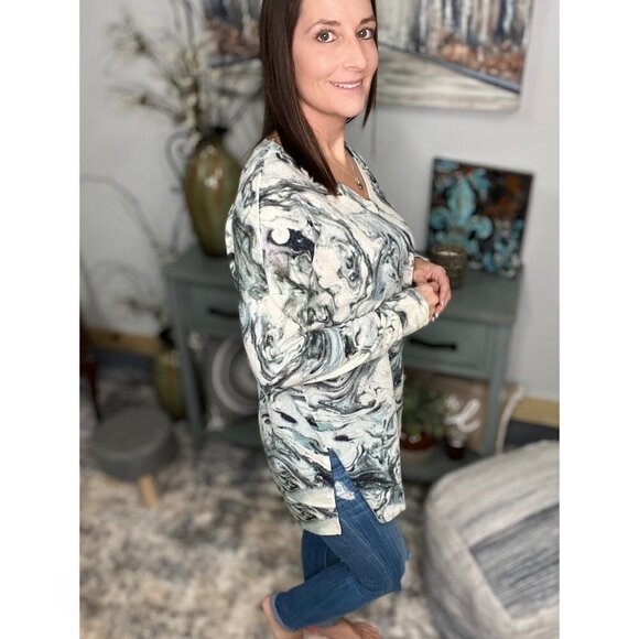 Floaty V Neck Textured Jacquard Marble Print Boxy Long Sleeve Ice Blue 3222 - Picture 4 of 14